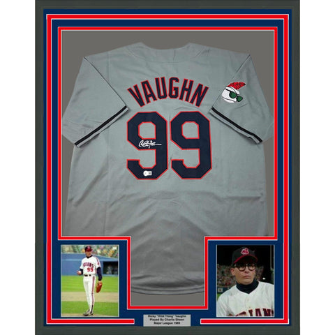 Framed Autographed/Signed Charlie Sheen Wild Thing 35x39 Grey Jersey JSA COA