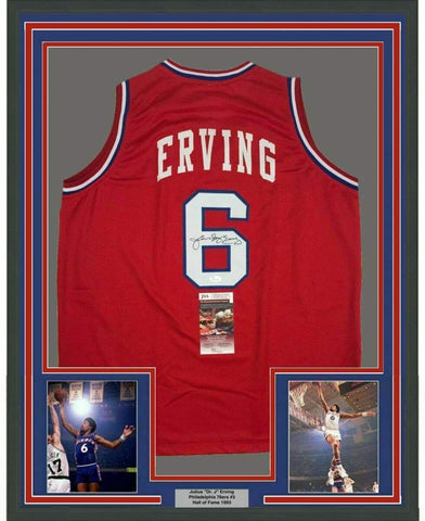 Framed Autographed/Signed Julius Erving 33x42 Philadelphia Red Jersey JSA COA