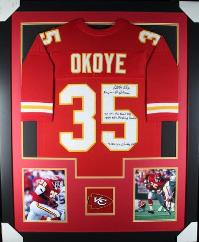 CHRISTIAN OKOYE INSCRIBED (Chiefs red TOWER) Signed Autograph Framed Jersey JSA