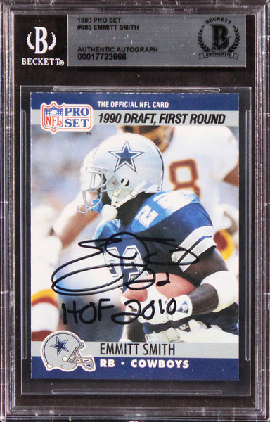 Cowboys Emmitt Smith "HOF 2010" Signed 1990 Pro Set #685 Card Rookie BAS Slabbed