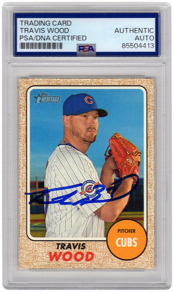 Travis Wood Signed Cubs 2017 Topps Heritage Baseball Card #395 - (PSA Slabbed)
