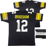 STEELERS TERRY BRADSHAW AUTOGRAPHED SIGNED BLACK JERSEY BECKETT WITNESS 232815