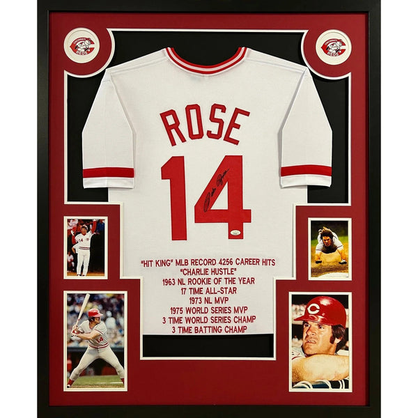 Pete Rose Autographed Signed Framed Stat White Cincinnati Reds Jersey JSA