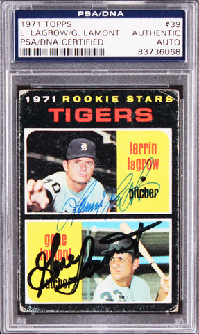 Tigers Gene Lamont & Lerrin Lagrow Authentic Signed 1971 Topps #39 Card PSA Slab