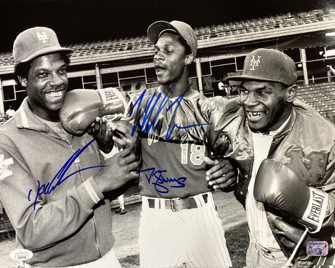 Mike Tyson Doc Gooden Darryl Strawberry Signed 11x14 NY Mets B&W Photo 2 JSA