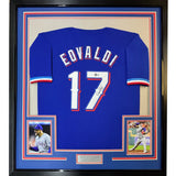 Framed Autographed/Signed Nathan Eovaldi 35x39 Texas Blue Jersey BAS COA