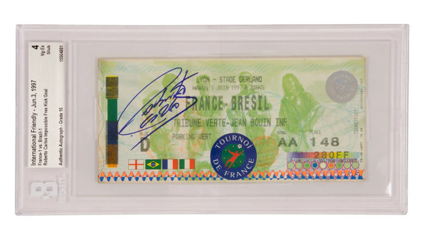 Roberto Carlos Signed 1997 The Impossible Free Kick Goal Match Ticket - BGS 4