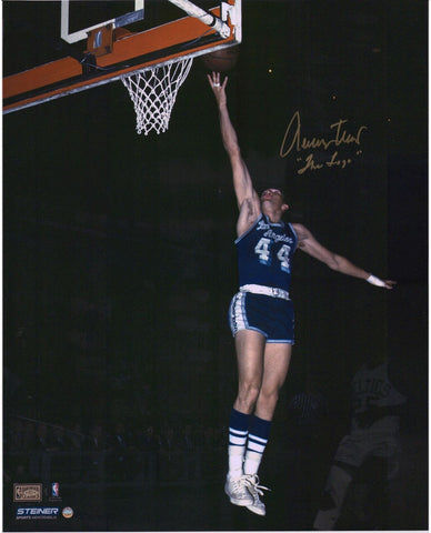 Jerry West Lakers Signed 16" x 20" Lay Up In Blue Jersey Photo & "The Logo" Insc