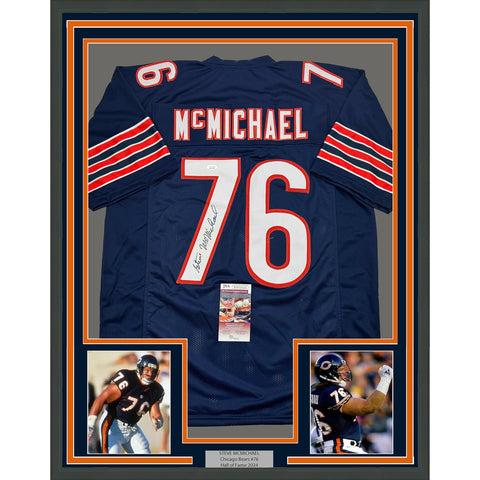 Framed Autographed/Signed Steve McMichael 35x39 Chicago Blue Jersey JSA COA