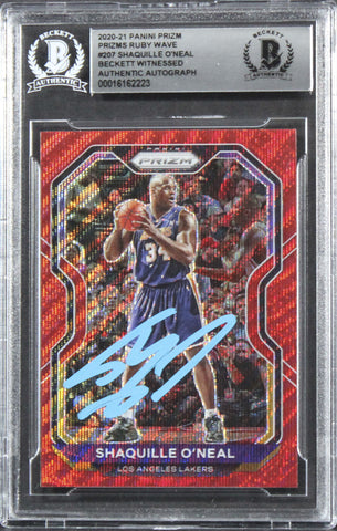 Lakers Shaquille O'Neal Signed 2020 Panini Prizm Ruby Wave #207 Card BAS Slabbed