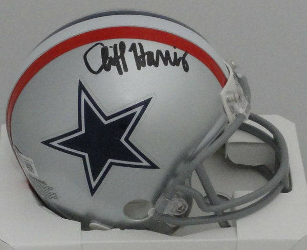 Cowboys Hall of Famer CLIFF HARRIS Signed Riddell Throwback Mini Helmet AUTO BAS