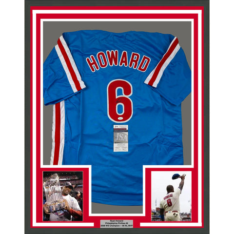 Framed Autographed/Signed Ryan Howard 33x42 Blue Retro Jersey JSA COA