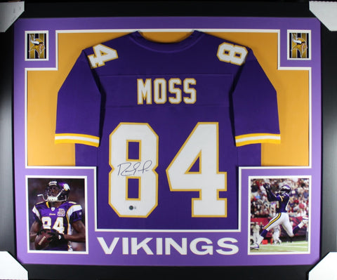 Randy Moss Autographed Pro Style Purple XL Framed Jersey 35x43 Beckett 51232