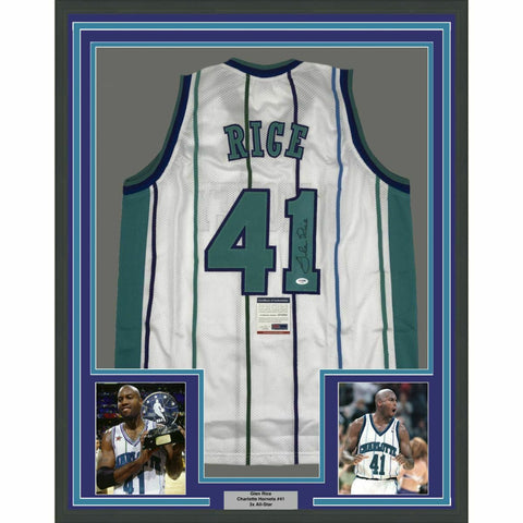 FRAMED Autographed/Signed GLEN RICE 33x42 Charlotte White Jersey PSA/DNA COA