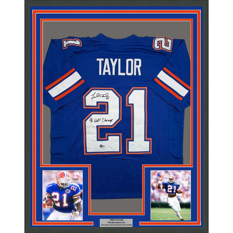 Framed Autographed/Signed Fred Taylor 35x39 Florida Blue Jersey Beckett COA