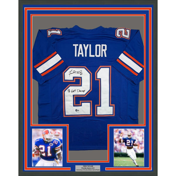 Framed Autographed/Signed Fred Taylor 35x39 Florida Blue Jersey Beckett COA