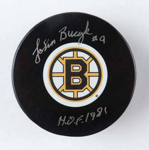 Johnny Bucyk Signed Bruins Logo Hockey Puck Inscribed "H.O.F. 1981" (Steiner)