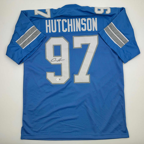 Autographed/Signed Aidan Hutchinson Detroit Blue Current Jersey Beckett BAS COA