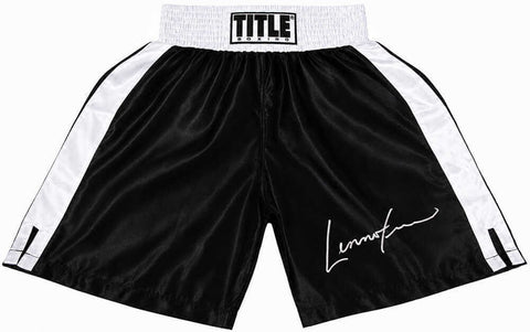 Lennox Lewis Signed Title Black With White Boxing Trunks - (SCHWARTZ COA)