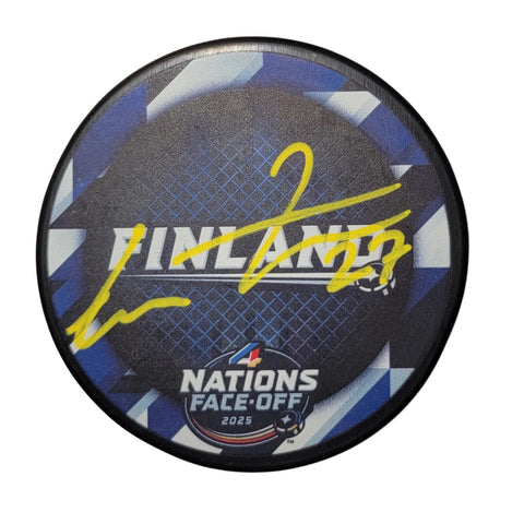 Eetu Luostarinen Autographed Finland 2024 4 Nations Face Off Hockey Puck Beckett