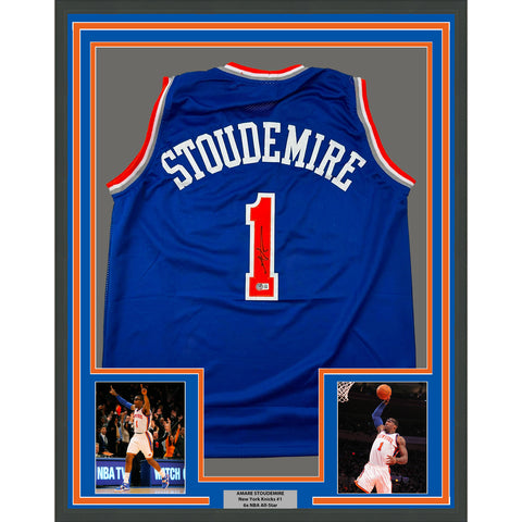 Framed Autographed/Signed Amare Stoudemire 33x42 New York Blue Jersey BAS COA