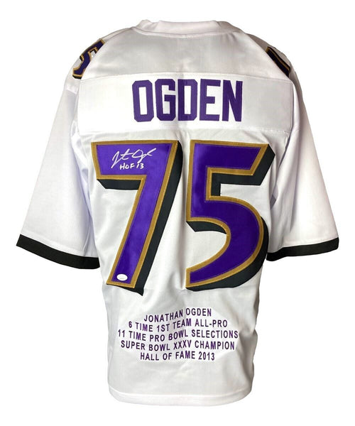 Jonathan Ogden Baltimore Signed White Stat Football Jersey HOF 13 JSA ITP