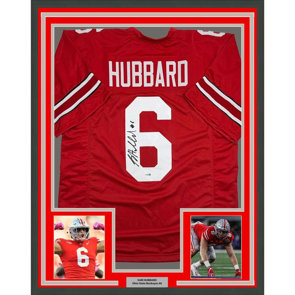Framed Autographed/Signed Sam Hubbard 35x39 Ohio State Red Jersey JSA COA