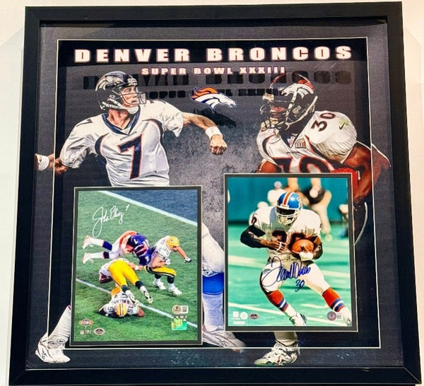 John Elway & Terrell Davis Dual Autographed 8x10 Photos -- LED Shadowbox BAS COA
