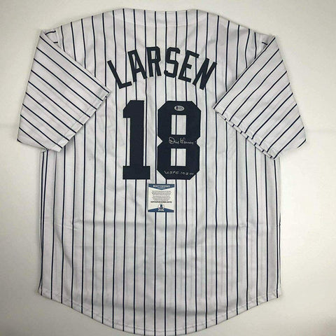 Autographed/Signed Don Larsen WS PG 10-8-56 New York Pinstripe Jersey BAS COA