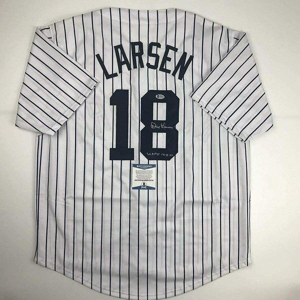 Autographed/Signed Don Larsen WS PG 10-8-56 New York Pinstripe Jersey BAS COA