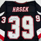 Autographed/Signed Dominik Hasek Buffalo Black Jersey Beckett BAS COA