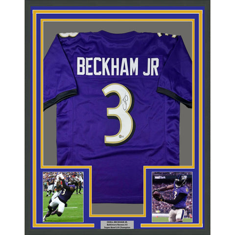 Framed Autographed/Signed Odell Beckham Jr. 33x42 Purple Jersey Beckett BAS COA