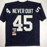 Autographed/Signed Rudy Ruettiger Never Quit Notre Dame Blue Jersey JSA COA