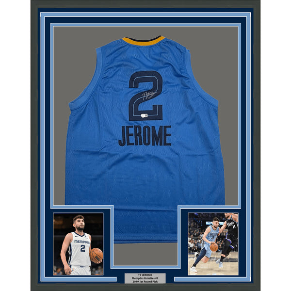Framed Autographed Ty Jerome 35x39 Memphis Light Blue Basketball Jersey BAS COA