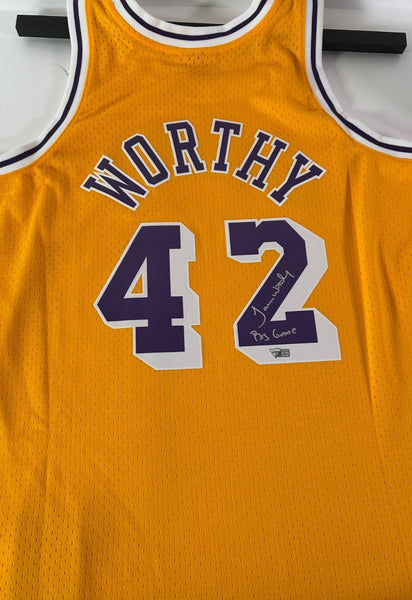 James Worthy Autographed/Inscribed "Big Game" M&N Swingman Jersey Fanatics COA