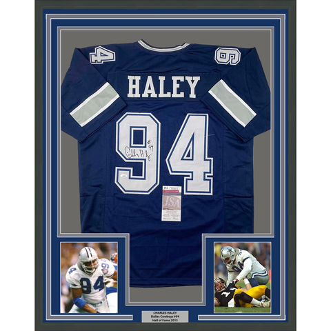 Framed Autographed/Signed Charles Haley 33x42 Dallas Blue Jersey JSA COA