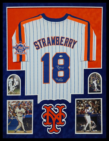 SUEDE FRAMED N.Y. METS DARRYL STRAWBERRY AUTOGRAPHED INSCRIBED JERSEY JSA COA