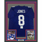 FRAMED Autographed/Signed DANIEL JONES 33x42 New York Blue Jersey Beckett COA