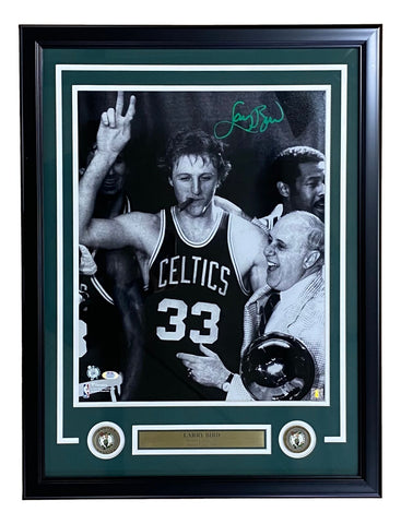 Larry Bird Signed Framed 16x20 Boston Celtics w/ Red Auerbach Photo PSA ITP