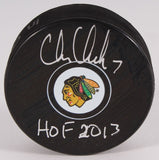 Chris Chelios Signed Blackhawks Logo Hockey Puck Inscribed "HOF 2013" (Schwartz)