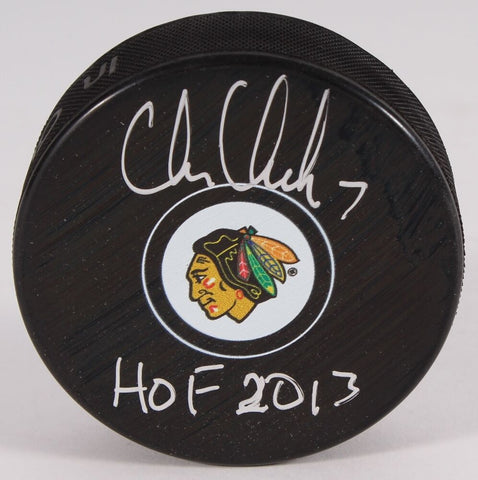 Chris Chelios Signed Blackhawks Logo Hockey Puck Inscribed "HOF 2013" (Schwartz)