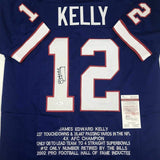 Autographed/Signed JIM KELLY Buffalo Blue Stat Football Jersey JSA COA Auto