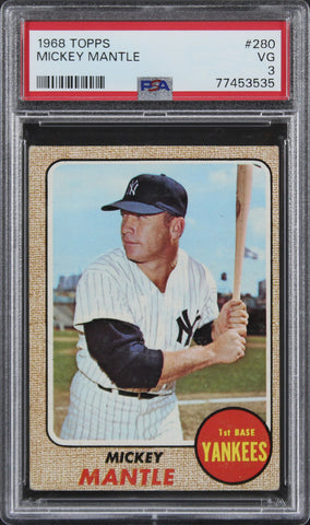Yankees Mickey Mantle 1968 Topps #280 Card Graded VG-3 PSA Slabbed