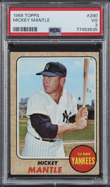 Yankees Mickey Mantle 1968 Topps #280 Card Graded VG-3 PSA Slabbed