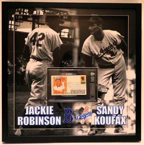 Sandy Koufax Autographed Jackie Robinson Postcard Framed Dodgers | BAS COA