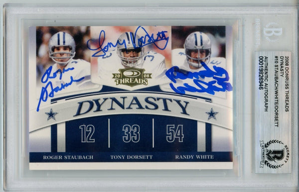 Dorsett White Staubach Signed 08 Donruss Dynasty Threads D-10 Card Beckett 57105