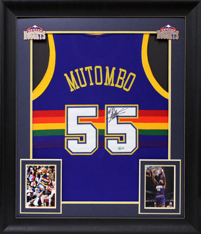Dikembe Mutombo Authentic Signed Navy Blue Pro Style Framed Jersey BAS Witnessed