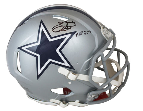 Cowboys Emmitt Smith "HOF 2010" Signed Silver Full Size Speed Proline Helmet BAS