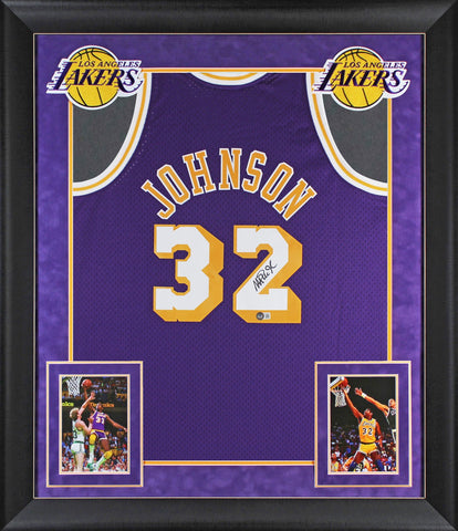 Lakers Magic Johnson Signed 1984-85 M&N HWC Swingman Purple Framed Jersey BAS W