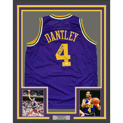 Framed Autographed/Signed Adrian Dantley 35x39 HOF Utah Purple Jersey BAS COA